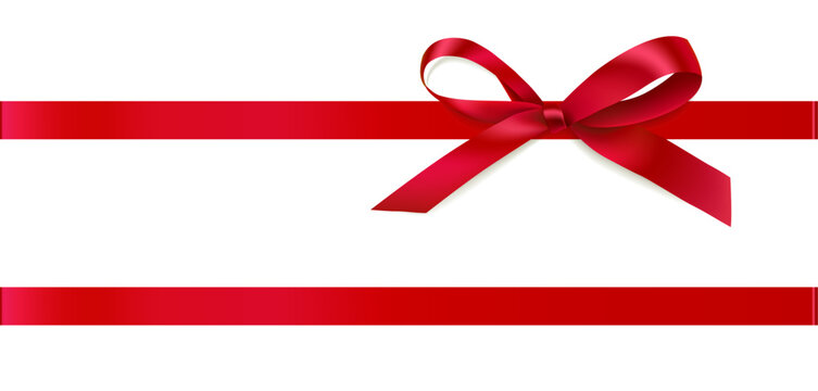 Decorative Christmas red bow with horizontal ribbon isolated on white. Beautiful new year decoration for your design. Vector stock illustration.