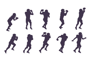 American football player silhouette set. Vector collection of athletes in various running and action poses for sports design.
