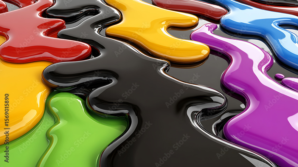 Poster colorful glossy paint blobs flow across a black surface