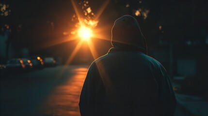 A lone figure in a hoodie watches the golden sunset from a quiet street contemplating a journey and reflecting on