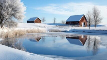 Rustic winter scene with a snow-covered barn reflected in a frozen pond.