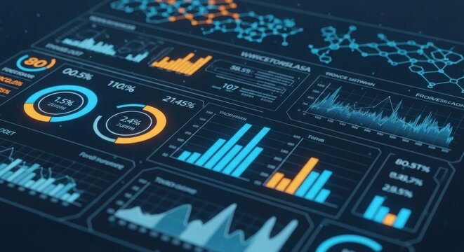 Futuristic digital dashboard displaying complex data and analytics - Powered by Adobe