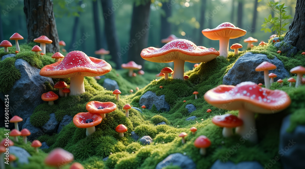 Aufkleber psilocybin concept ,magical red mushroom terrain with moss and rocks in forest, creating serene and 