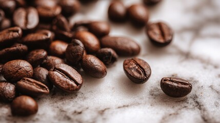 Naklejka premium Premium coffee beans scattered on marble surface