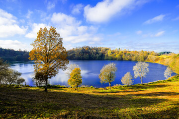 View of the Weinfelder Maar and the surrounding landscape. Nature in the Eifel region in autumn....