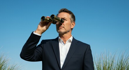 Mature businessman using binoculars outdoors