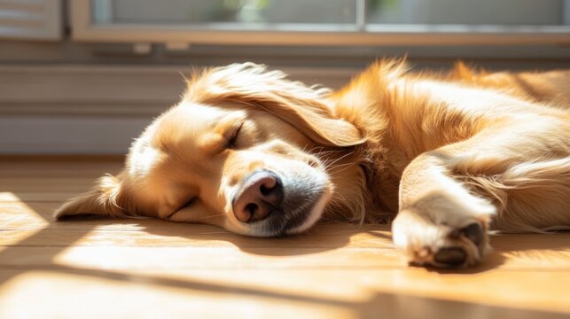 Golden retriever puppy sleeping peacefully on a wooden floor in the sunlight from a window nearby