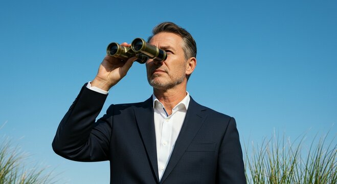 Mature businessman using binoculars outdoors