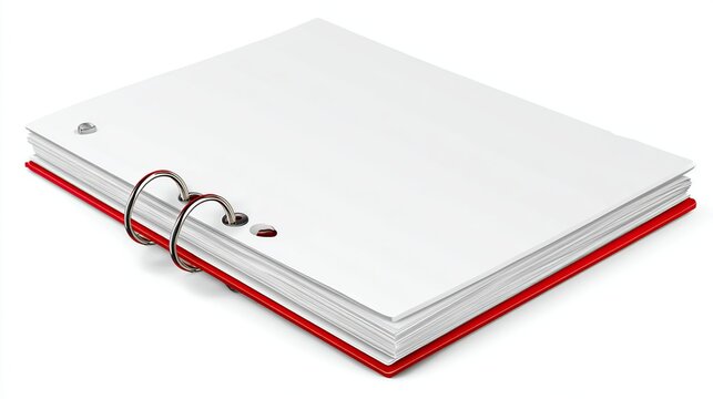 Red binder with blank white pages and a metal ring binder