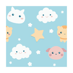 Seamless Baby Animals Pattern with Stars and Clouds
