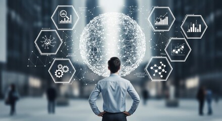 Businessman contemplating a glowing network of data and analytics icons