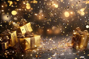 Holiday banner featuring golden gifts, confetti shower, and bright festive ambiance