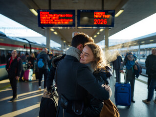 Joyful Couple Reunited at Train Station, Warm Embrace, Winter Travel, Happy New Year 2026