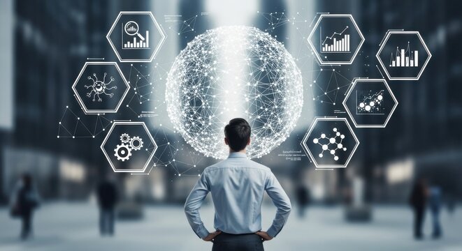 Businessman contemplating a glowing network of data and analytics icons