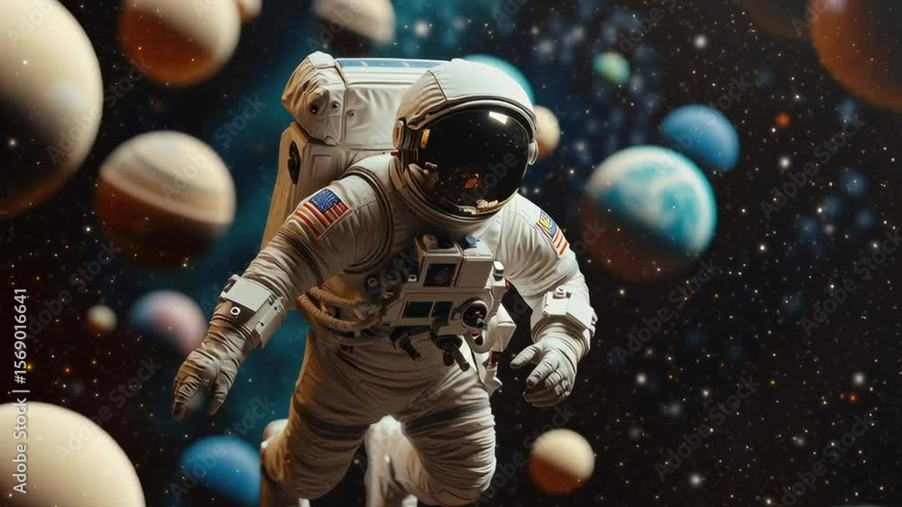 Aufkleber a man in a spacesuit is floating in space with a bunch of planets around him. concept of wonder and 