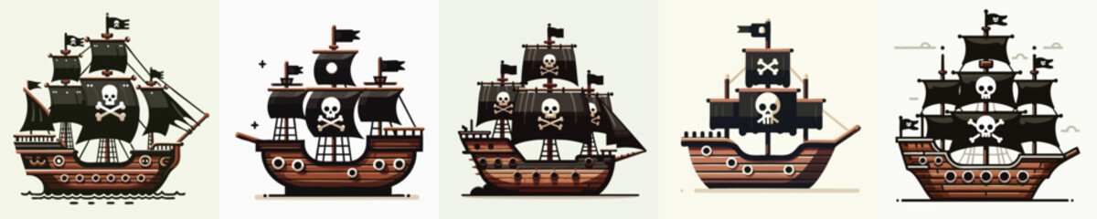 Vintage Pirate Ship with Black Sails and Skull Flag – Flat Vector Illustration © NineteenVisualStudio
