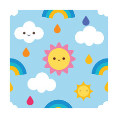 Cartoon Sun Cloud Rainbow Pattern in Cute Style