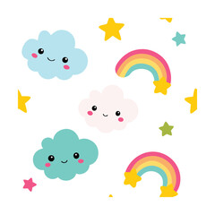 Kawaii Cloud and Rainbow Seamless Pattern Design