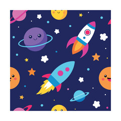 Cute Space Theme Seamless Pattern with Rockets and Stars