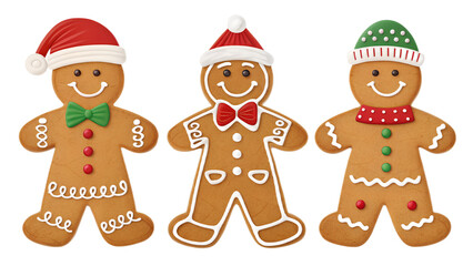 Fototapeta premium Set ofCartoon Gingerbread Man with Christmas Hat Isolated on Transparent Background