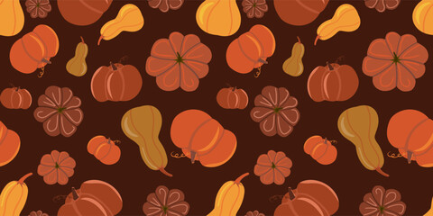 Seamless vector pattern of autumn pumpkins and gourds on dark brown, perfect for cozy kitchen textiles, fall dining decor, and seasonal home accents.