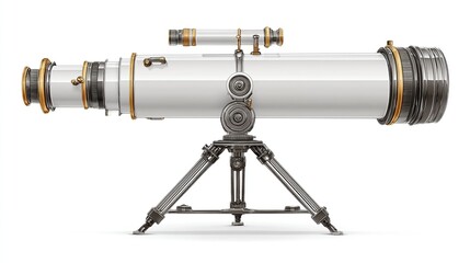 Intricate white telescope with gold accents, balanced on a tripod, isolated