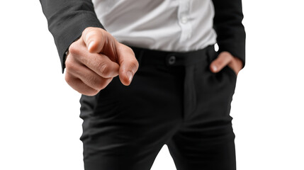 Businessman pointing finger in directive gesture, white isolate background.