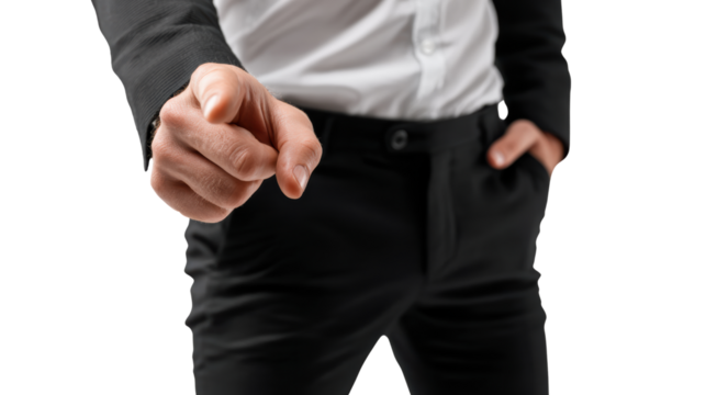 Businessman pointing finger in directive gesture, white isolate background.