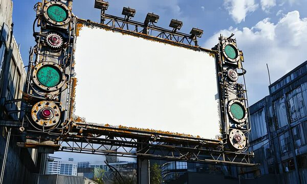 Large blank billboard, steampunk design, urban setting.