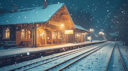 A snowy train station at night under snowfall.
