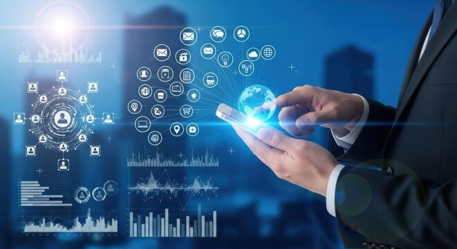 Businessman interacting with futuristic digital interface and global network