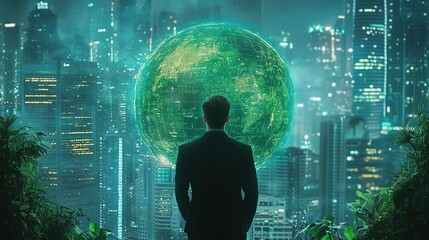 A corporate CEO announcing a futuristic green initiative at a conference 