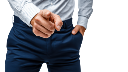 Confident businessman pointing finger, isolated on white background.