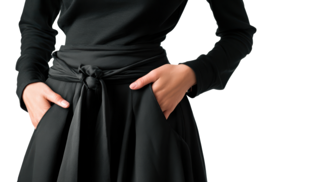 Close-up of woman in black outfit, hands in pockets, white isolated background.