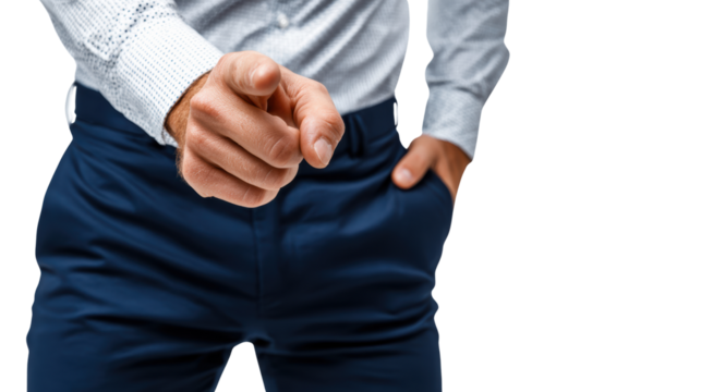 Confident businessman pointing finger, isolated on white background.