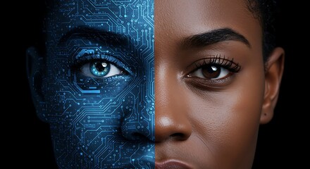 Dramatic depiction of transhumanism: a human face seamlessly merging with blue digital patterns.

