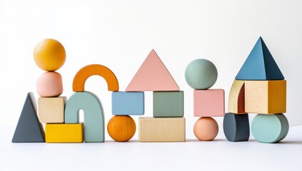 Fototapeta premium Colorful wooden blocks arranged in a playful structure on a white background; building blocks; toddler toys; development; learning