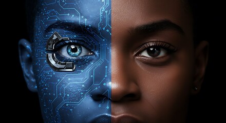 Conceptual portrayal of artificial intelligence through a human-machine split face and glowing eye.

