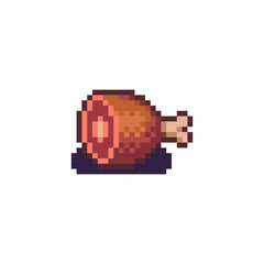 Pixel art of a juicy roasted meat leg or chicken drumstick, food item for retro-style games, inventory icons, or health pickups.