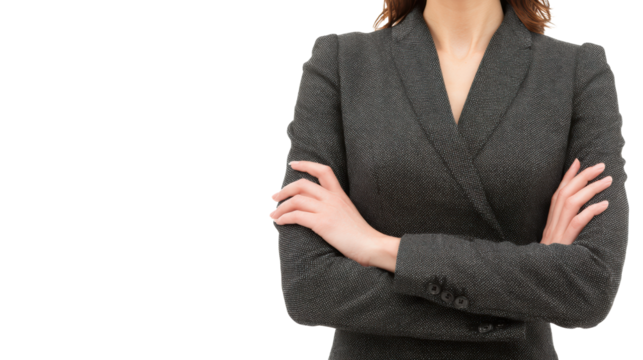 Confident woman in a professional suit with crossed arms, white isolated background.