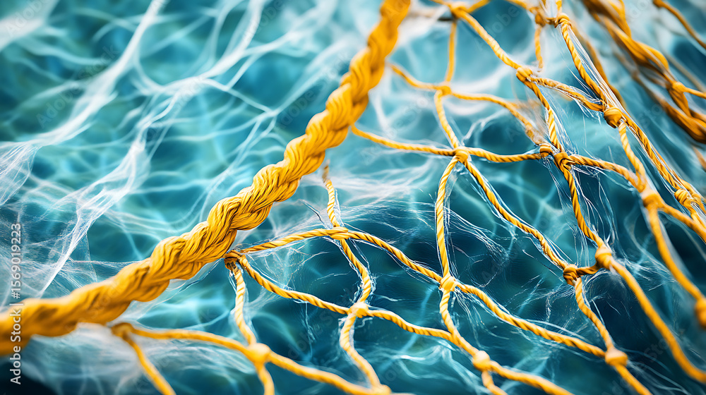 Poster close-up of a yellow rope net underwater with visible sunlight patterns