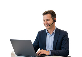 Smiling Customer Service Representative Using Laptop isolated on transparent background