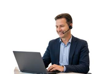 Smiling Customer Service Representative Using Laptop isolated on transparent background