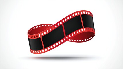 Red and Black Film Strip in a Loop, Suspended in Air, on White Background