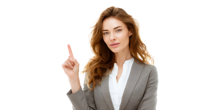 Confident woman in business attire gesturing with a raised finger, isolated on white background.