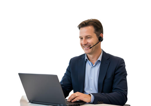 Smiling Customer Service Representative Using Laptop isolated on transparent background