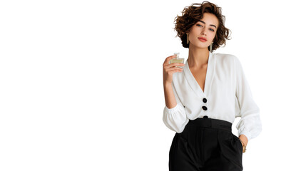 Elegant woman in white blouse and black pants posing confidently on white background.