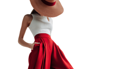 Fashionable woman in stylish outfit, wearing a hat, posing confidently against a white background.