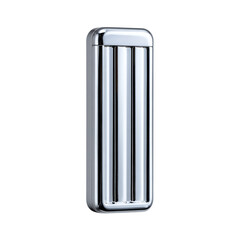 Slimline pen drive with chrome finish and vertical ridges, business card-size and minimalist, centered top-down view, isolated transparent background