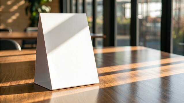 Blank white table tent card on a wooden table with sunlight casting shadows